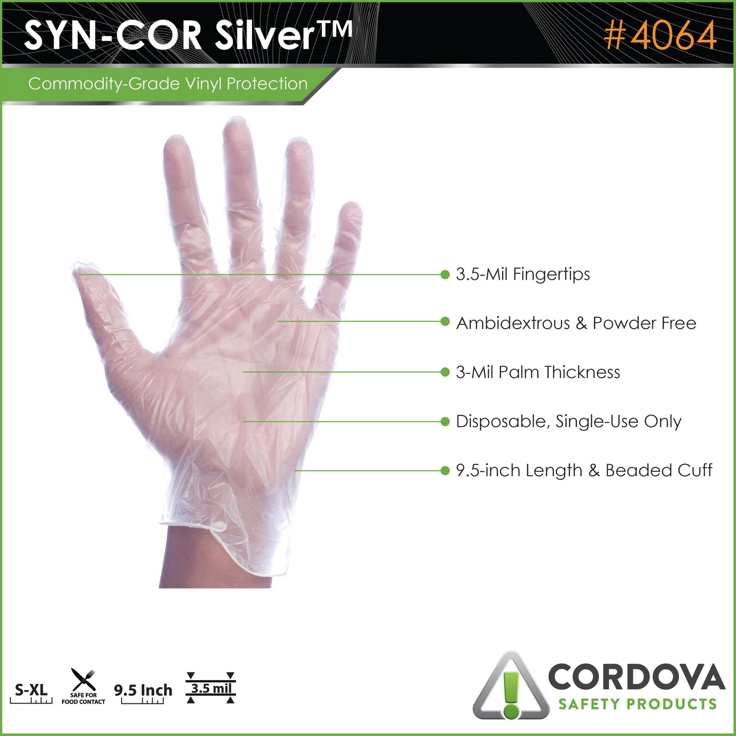 Cordova Safety 4064L Disposable, Commodity, Vinyl, Powder Free, 3 mil, White
