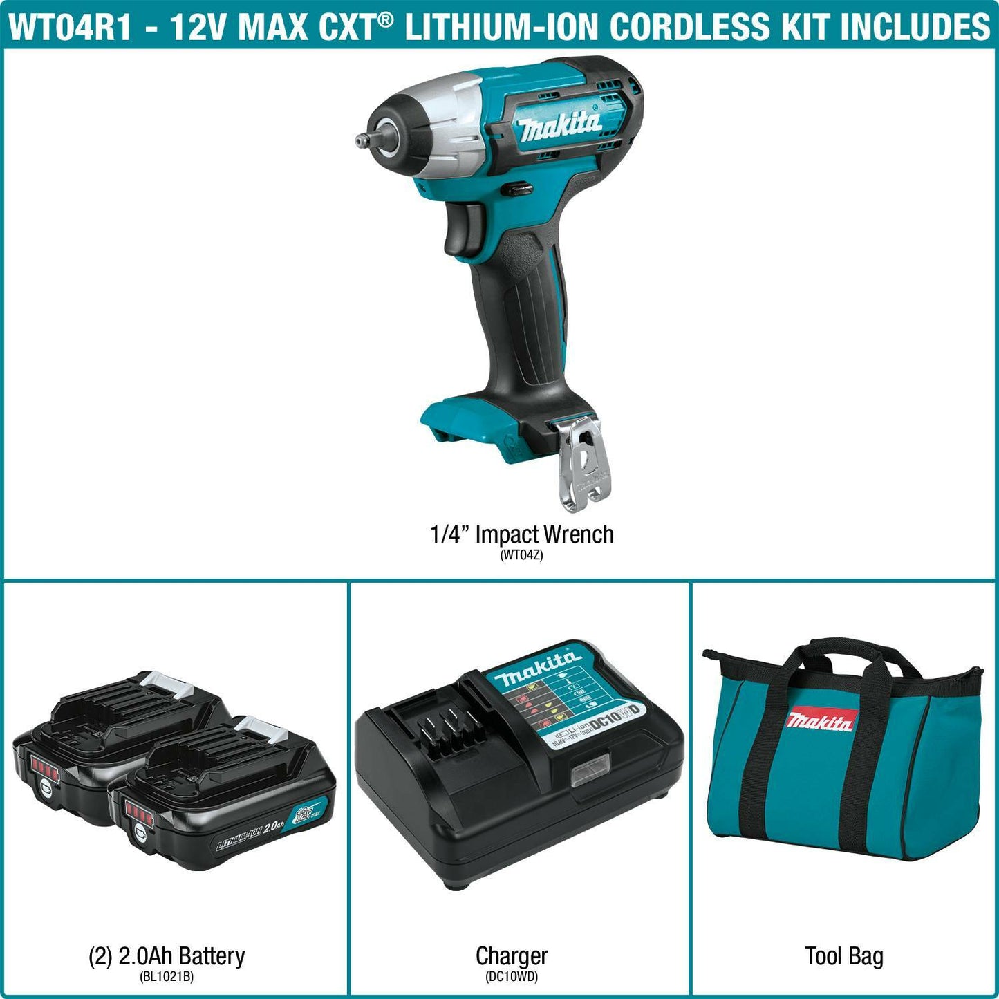 Makita WT04R1 12V max CXT® Lithium‘Ion Cordless 1/4" Impact Wrench Kit (2.0Ah)