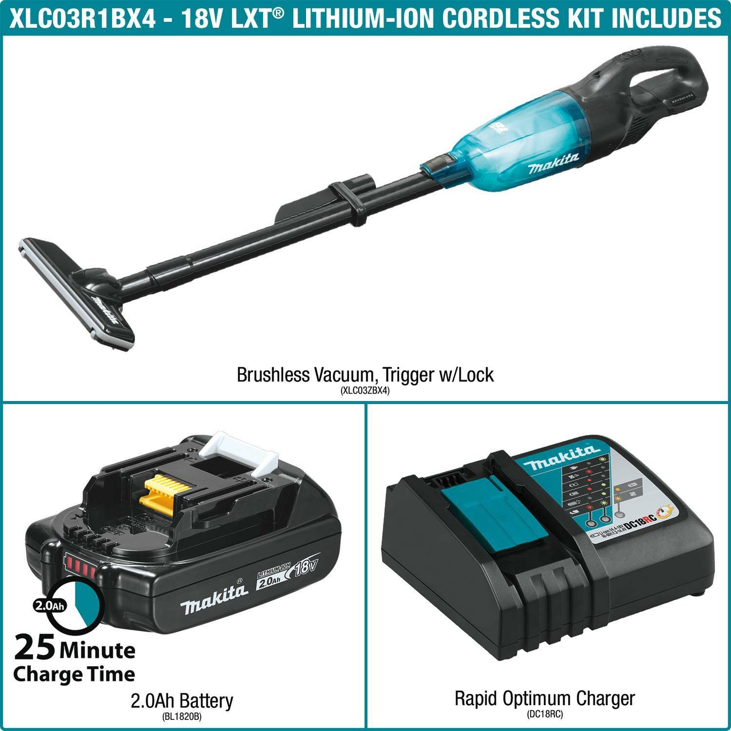 Makita XLC03R1BX4 18V LXT® Lithium‘ion Compact Brushless Cordless Vacuum Kit, Trigger w/ Lock (2.0Ah)