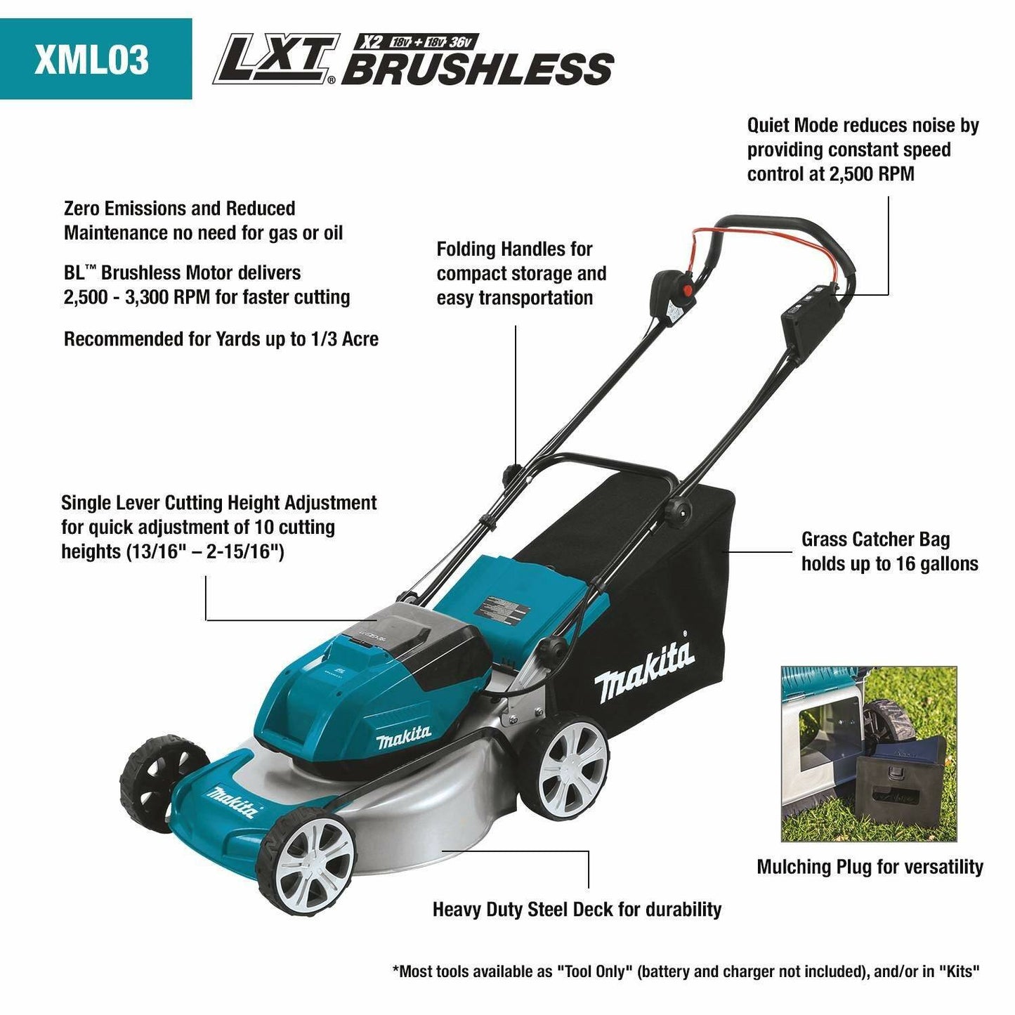 Makita XML03Z 36V (18V X2) LXT® Brushless 18" Lawn Mower, Tool Only