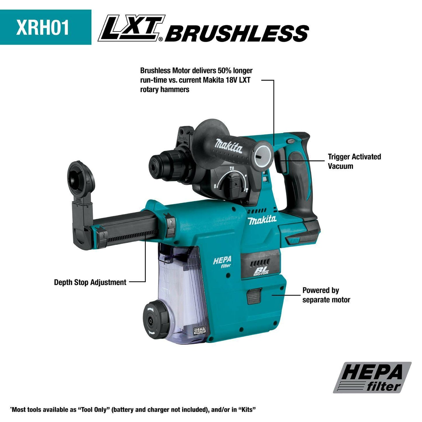 Makita XRH01ZWX 18V LXT® Lithium‘Ion Brushless Cordless 1" SDS‘PLUS Rotary Hammer, w/ HEPA Dust Extractor Attachment, Tool Only