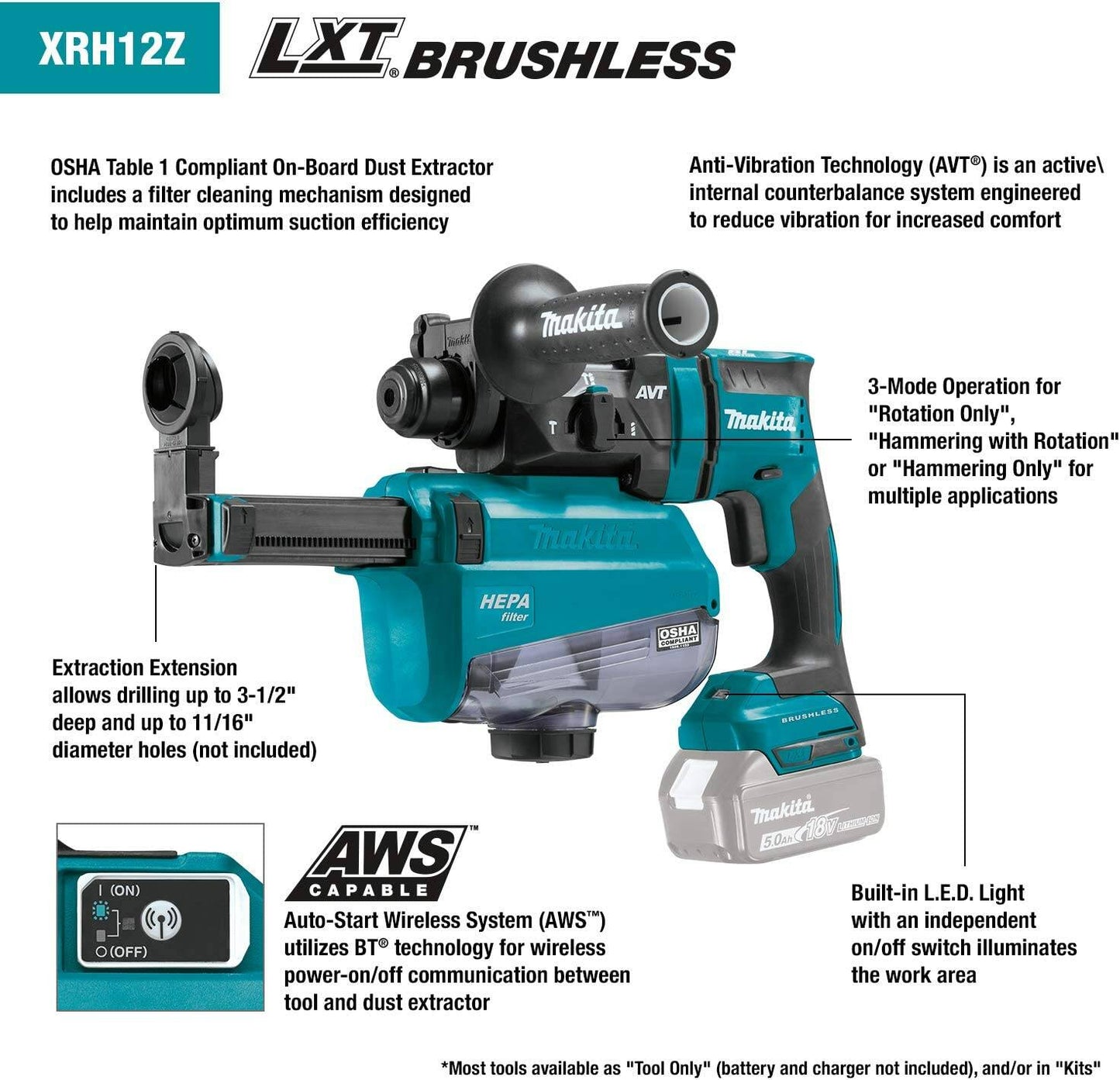 Makita XRH12Z 18V Lxt® Lithiumion Brushless Cordless 11/16" Avt® Rotary Hammer, Accepts Sdsplus Bits, Aws® Capable, Tool Only