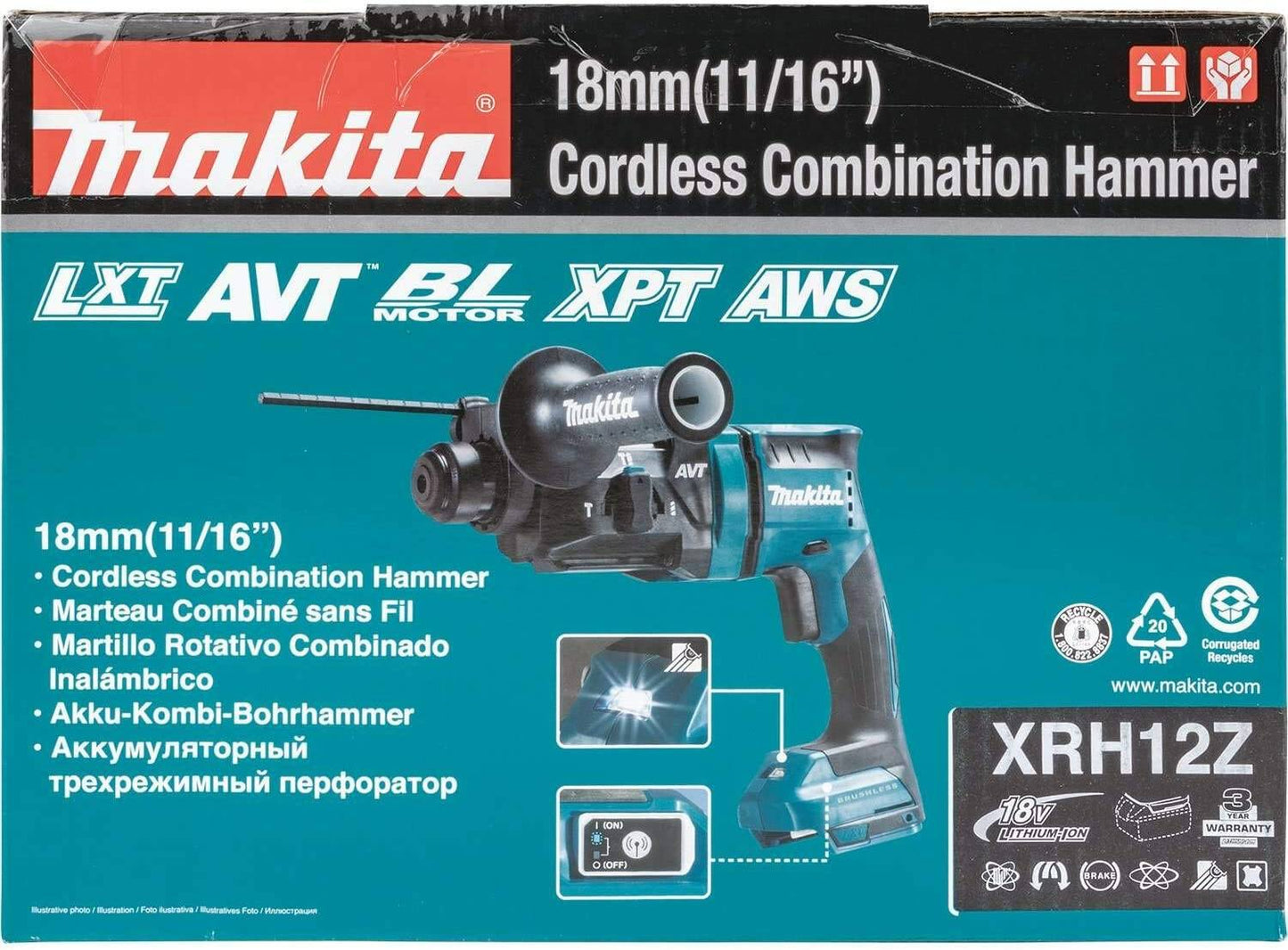 Makita XRH12Z 18V Lxt® Lithiumion Brushless Cordless 11/16" Avt® Rotary Hammer, Accepts Sdsplus Bits, Aws® Capable, Tool Only