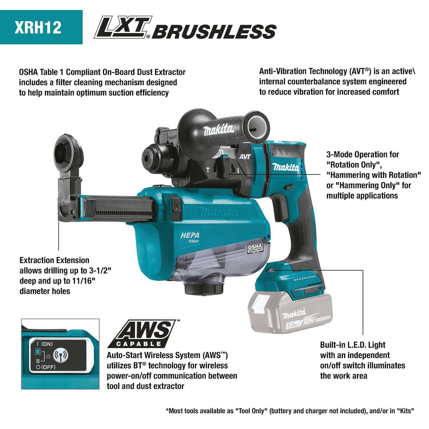 Makita XRH12ZW 18V LXT® Lithium‘Ion Brushless Cordless 11/16" SDS‘PLUS AVT® Rotary Hammer, w/ HEPA Dust Extractor, AWS® Capable, Tool Only