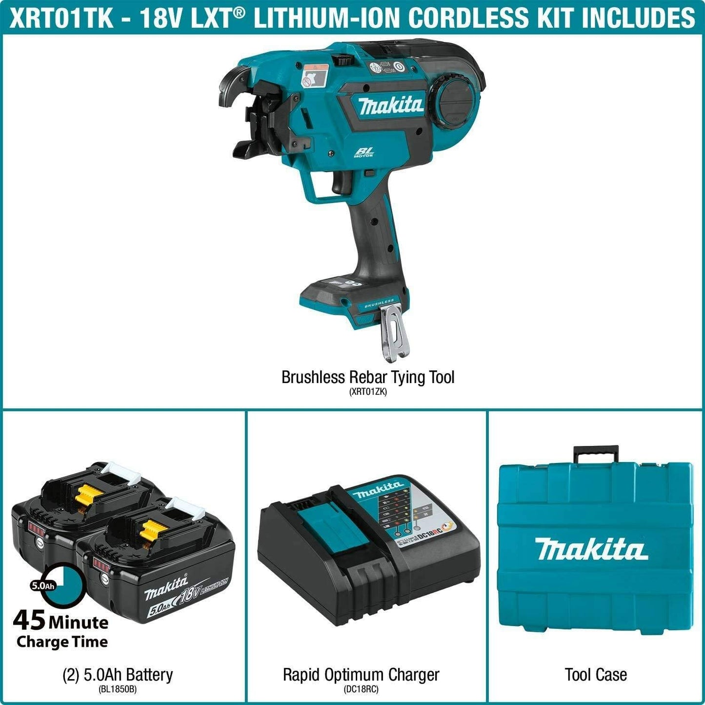 Makita XRT01TK 18V LXT® Lithium‘Ion Brushless Cordless Rebar Tying Tool Kit (5.0Ah)