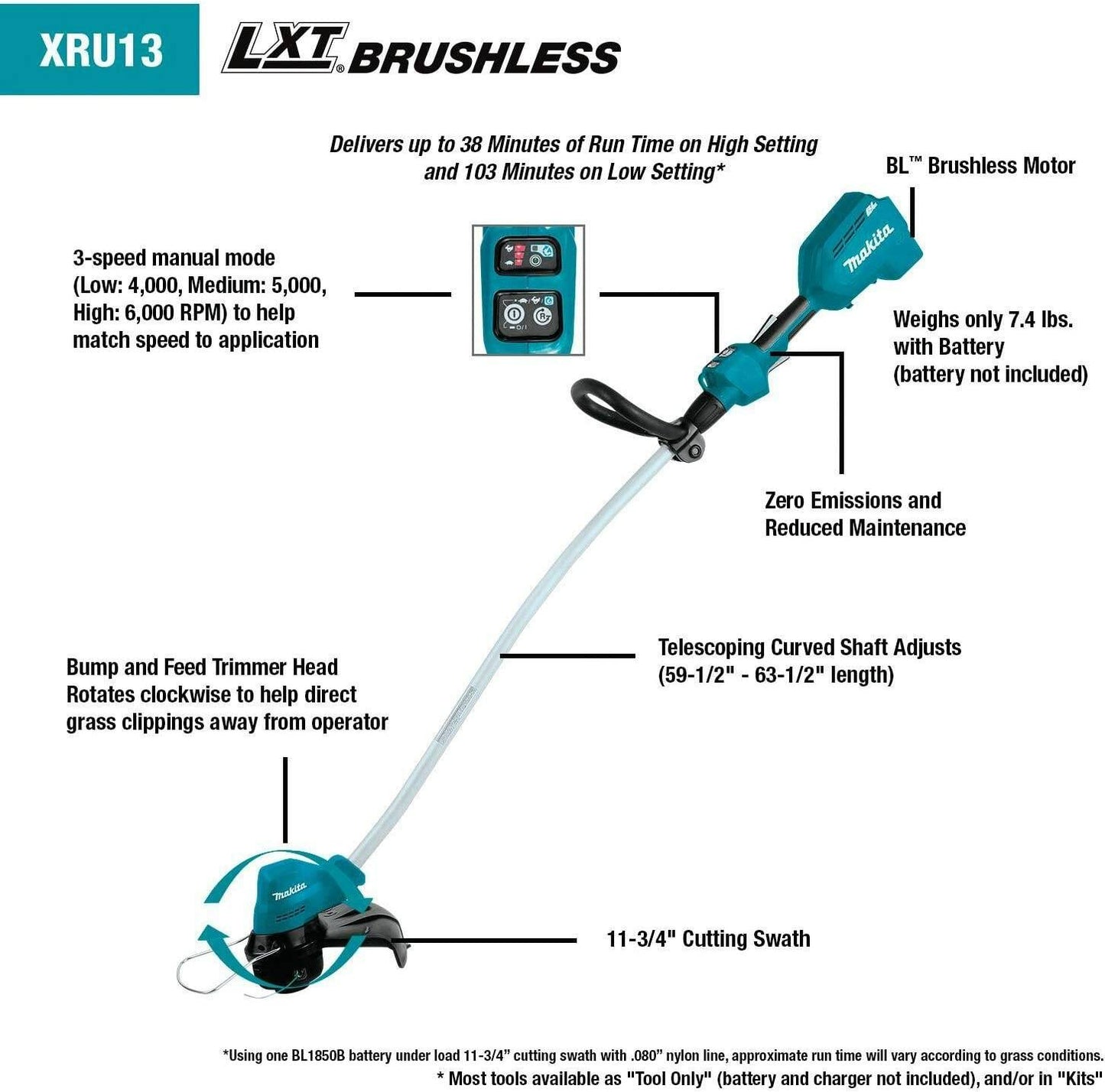 Makita XRU13Z 18V LXT® Lithium‘Ion Brushless Cordless Curved Shaft String Trimmer, Tool Only