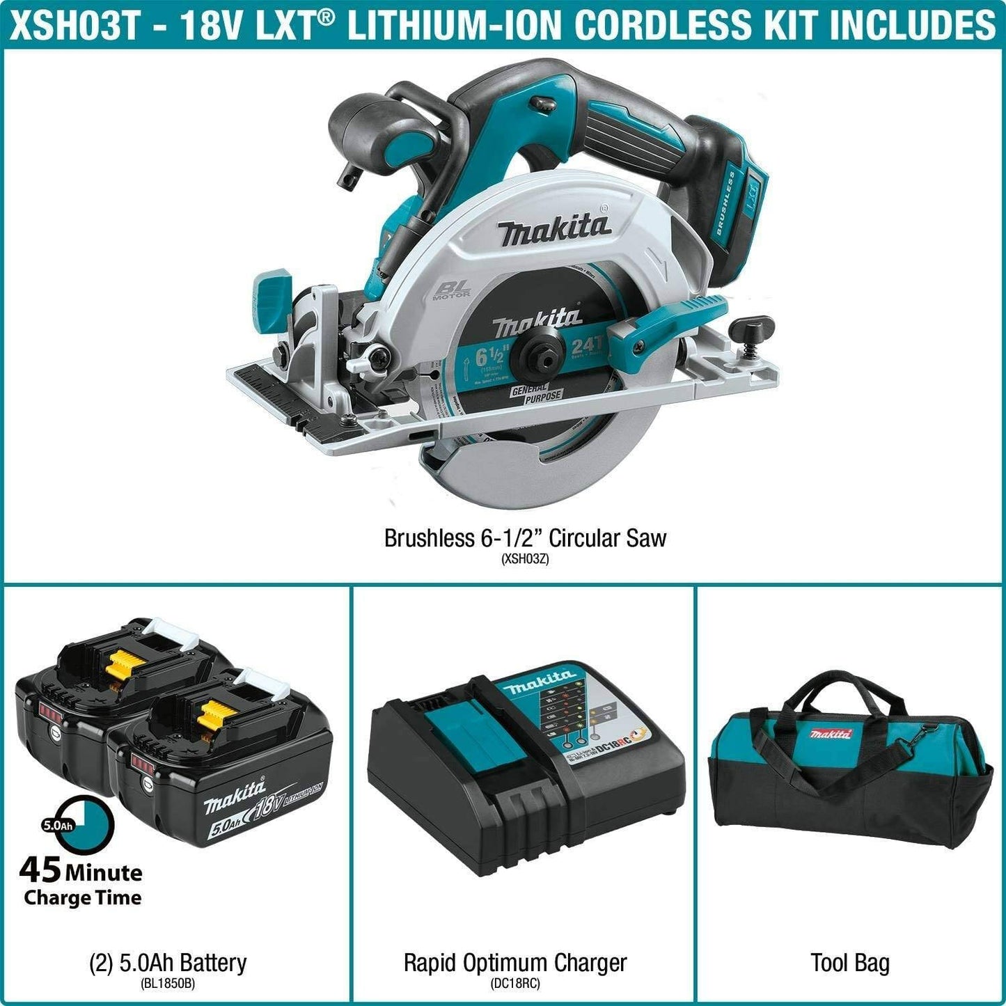 Makita XSH03T 18V LXT® Lithium‘Ion Brushless Cordless 6‘1/2" Circular Saw Kit (5.0Ah)