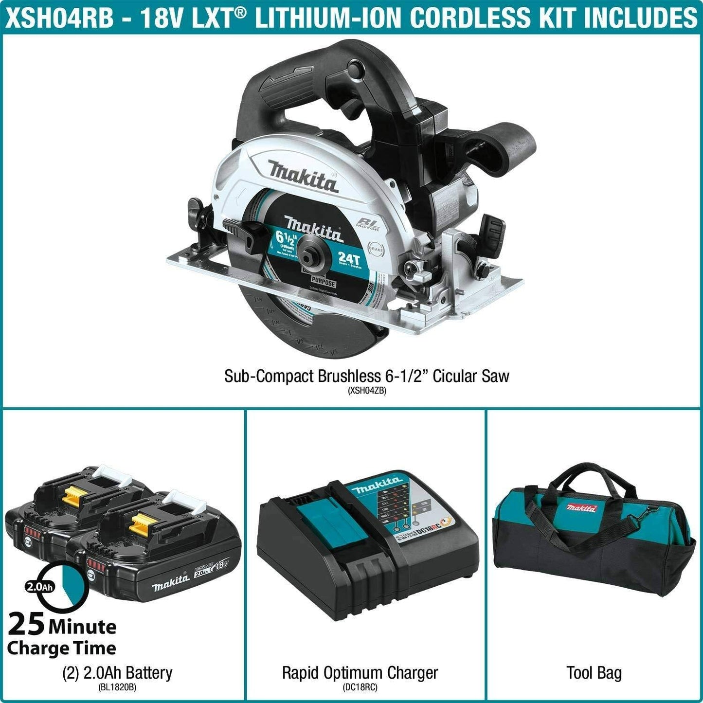 Makita XSH04RB 18V LXT® Lithium‘Ion Sub‘Compact Brushless Cordless 6‘1/2 Circular Saw Kit (2.0Ah)