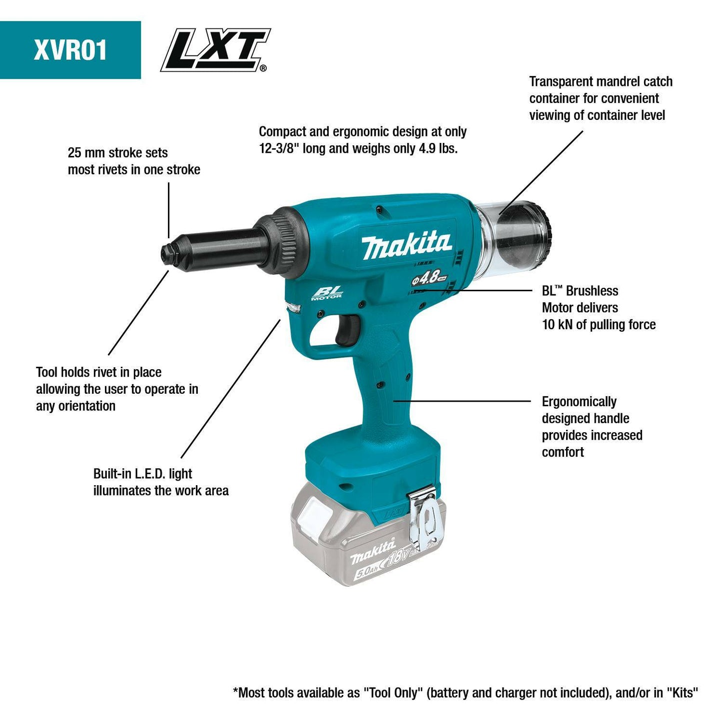 Makita XVR01T 18V LXT® Lithium‘Ion Brushless Cordless Rivet Tool Kit (5.0Ah)