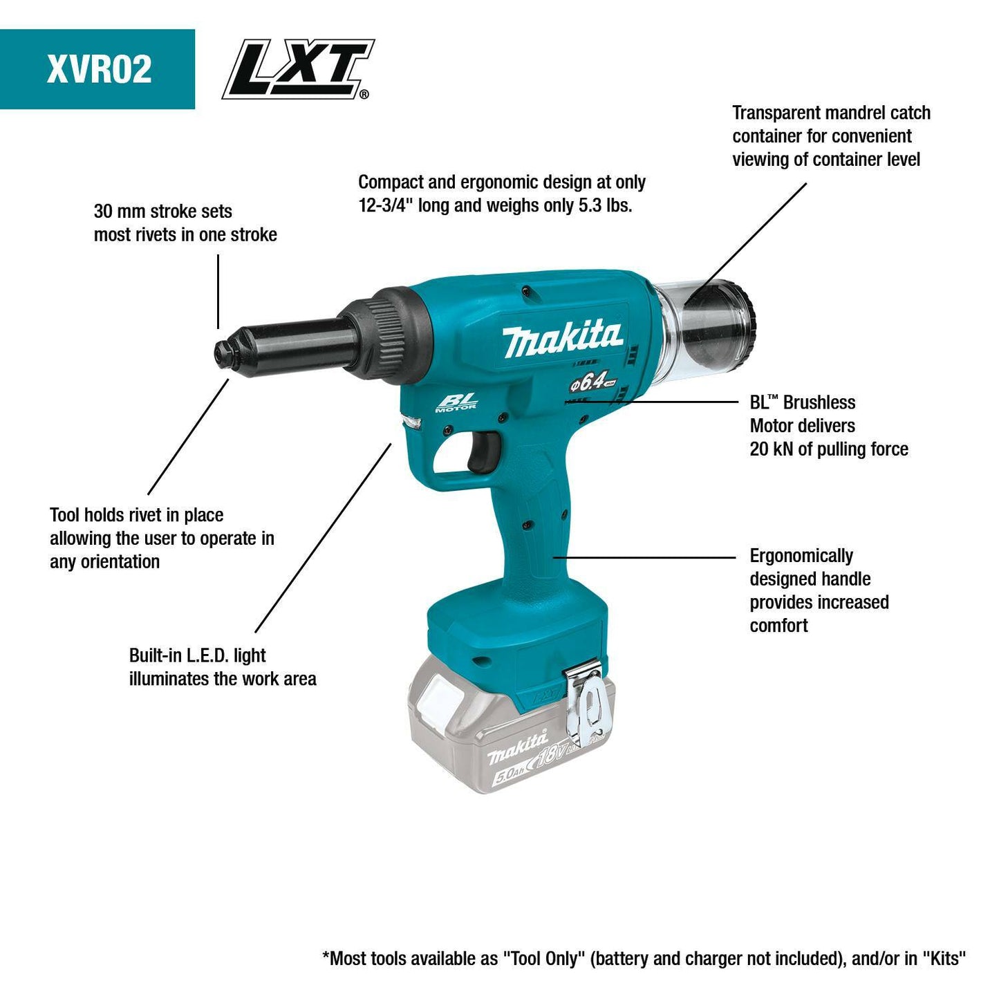 Makita XVR02T 18V LXT® Lithium‘Ion Brushless Cordless Rivet Tool Kit (5.0Ah)