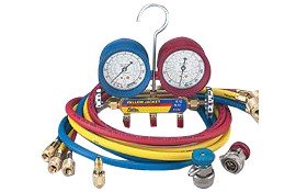 Yellow Jacket 41836 2-Valve Manifold with Premium Couplers, R12/134A Refrigerants, Red/Blue Gauges (72" PLUS II R/Y/B Hoses)