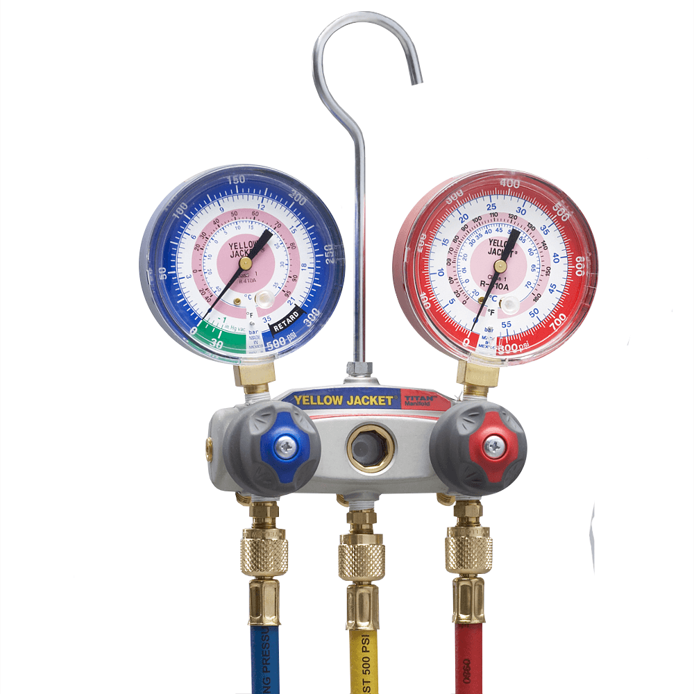 Yellow Jacket 49860 With 60" PLUS II compact ball valve RYB, R/B gauges, bar/psi,Â R32/410A, Â°F and Â°C