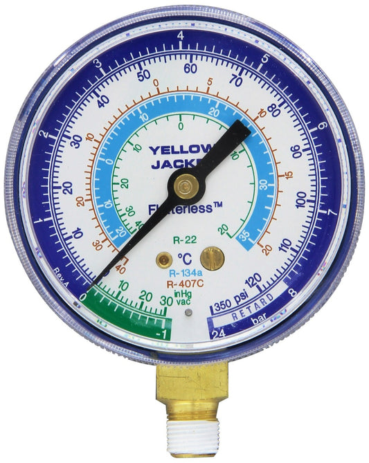 Yellow Jacket 49032 2 1/2" gauge, blue compound, bar & psi, R-22/134a/407CÂ (Â°C)Â 