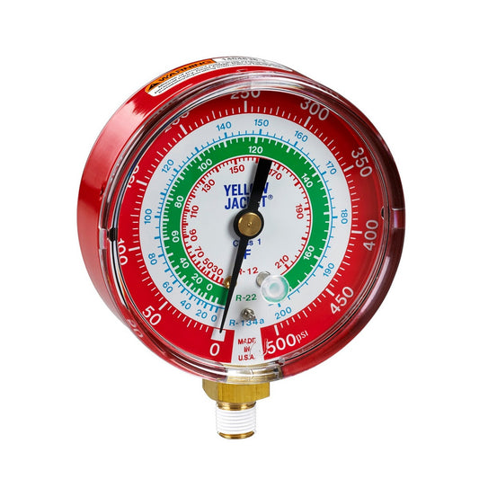 Yellow Jacket 49103 3-1/8", red pressure, 0-500 psi, R12/22/134a gauge (Â°F)